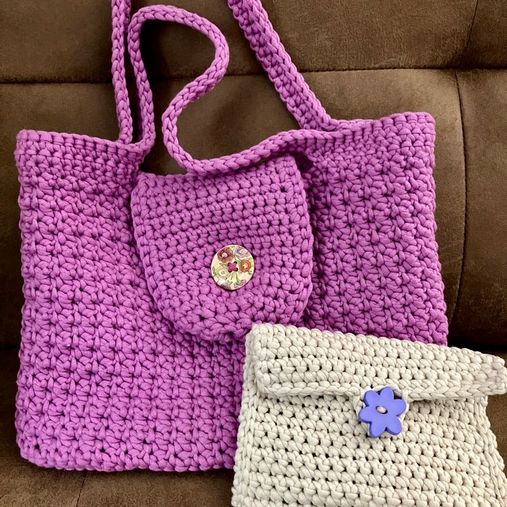 Handcrafted Pink and Cream Crochet Tote Bag Set